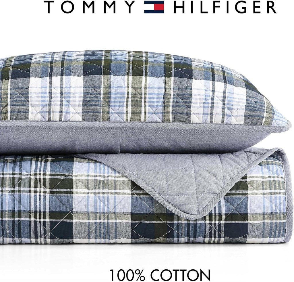 Tommy Hilfiger - Queen Quilt Set, Soft Cotton w/Breathable Feel, Lightweight Bedding for Year Round Comfort, 3 Piece Bed Set w/Matching Pillowcases (Bleecker Plaid Blue)