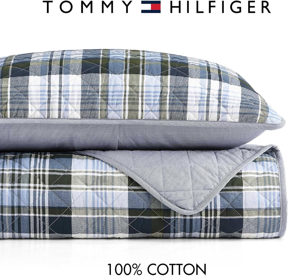 Tommy Hilfiger - Queen Quilt Set, Soft Cotton w/Breathable Feel, Lightweight Bedding for Year Round Comfort, 3 Piece Bed Set w/Matching Pillowcases (Bleecker Plaid Blue)