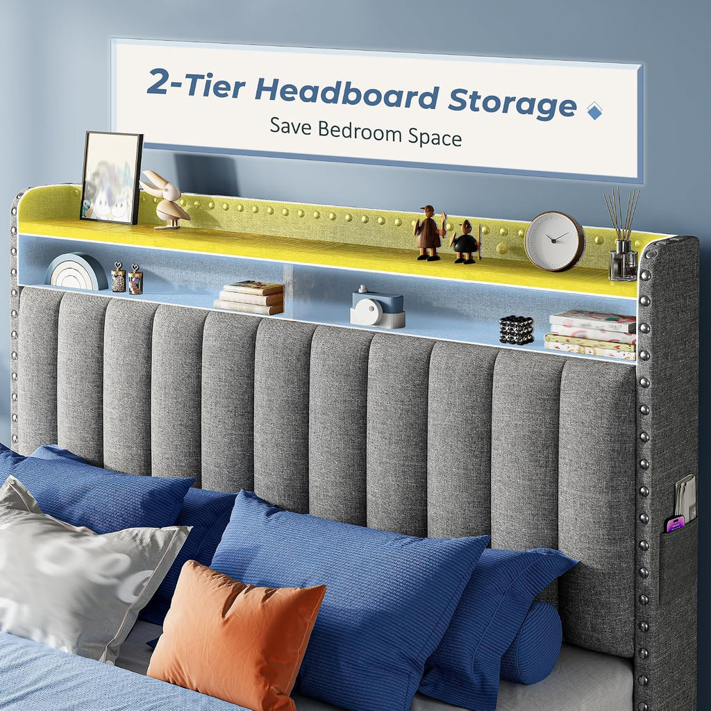 EnHomee Full Size Bed Frame with 2-Tier Storage Headboard & 3 Drawers Upholstered Platform Bed Frame Full with Wooden Slats Support, No Box Spring Needed, Grey