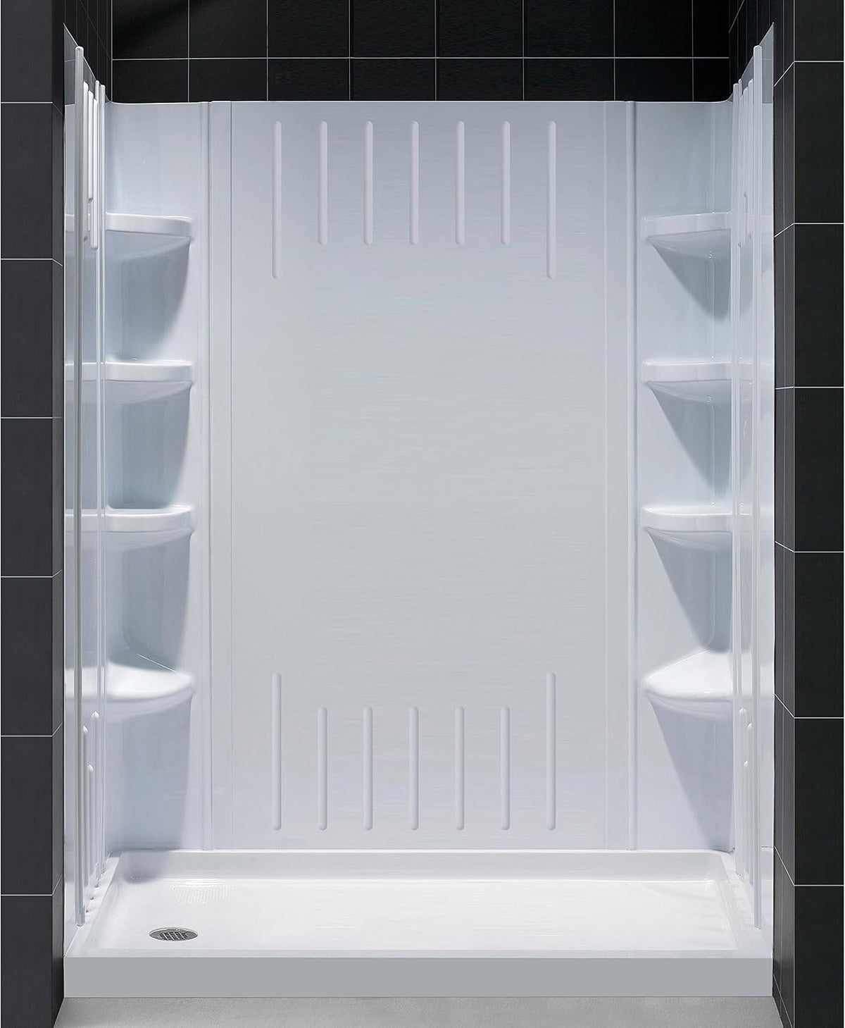 DreamLine 34 in. D x 60 in. W x 75 5/8 in. H Left Drain Acrylic Shower Base and QWALL-3 Backwall Kit In White, DL-6147L-01