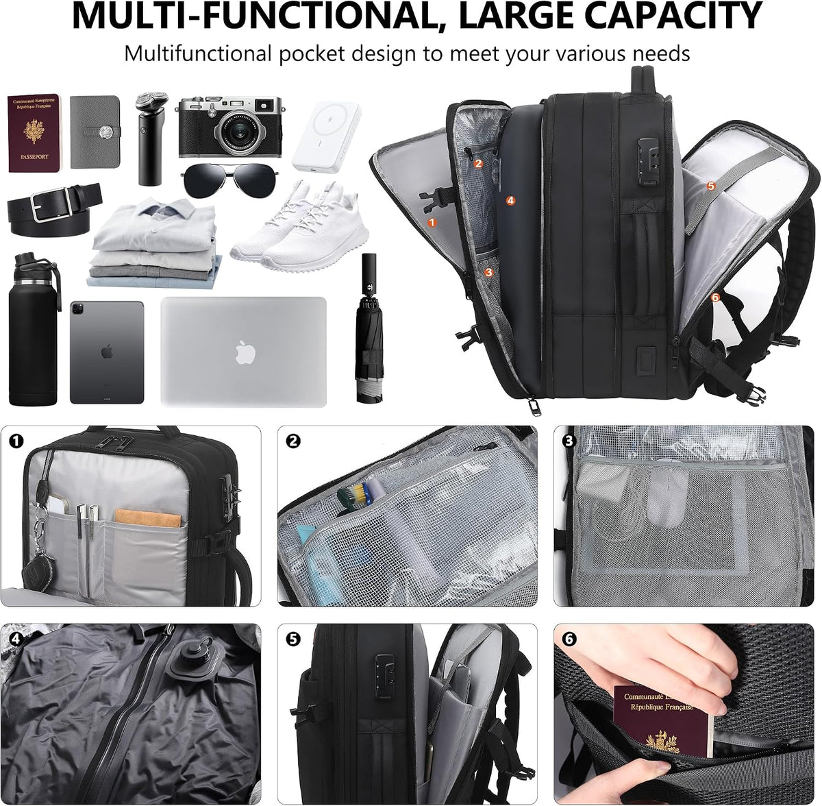 Vacuum Backpack Travel with Pump, Large 80L Exapandable Air Compression Vacuum System, Available Boarding, Carry on Luggage, Water Resistant, TSA Lock and Strong Sealing Airbag for Travel, Black