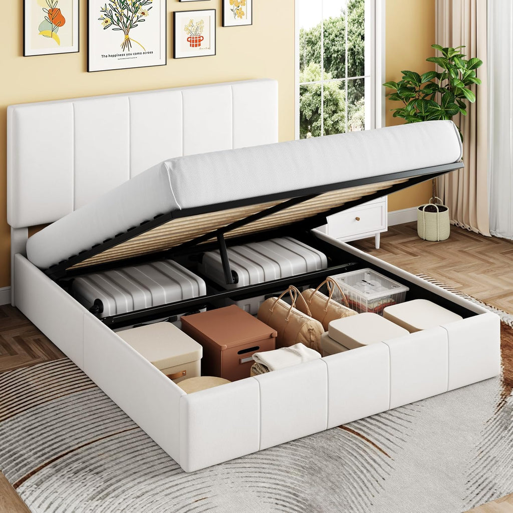 SHA CERLIN Full Size Lift Up Storage Bed Frame, Adjustable Headboard, Hydraulic Support, Velvet Upholstered, Easy Installation, No Box Spring Needed, White