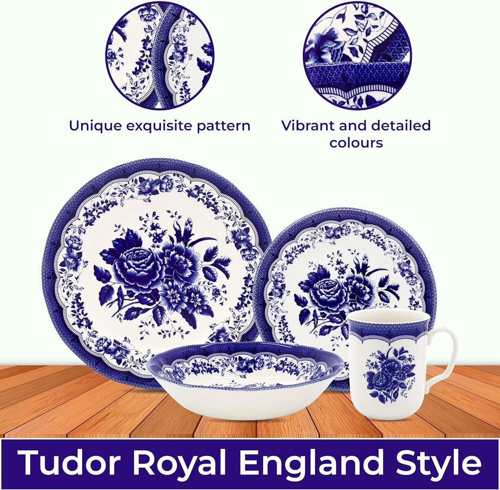 Tudor Royal 16-Piece Porcelain Round Dinnerware Set, Service for 4, Victoria Blue Design, Blue Floral, Plates Bowls Dishes, Glossy, Premium Quality Tableware, Unique Pattern