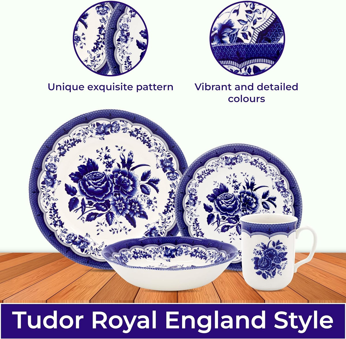 Tudor Royal 16-Piece Porcelain Round Dinnerware Set, Service for 4, Victoria Blue Design, Blue Floral, Plates Bowls Dishes, Glossy, Premium Quality Tableware, Unique Pattern