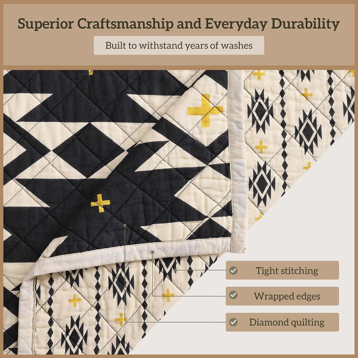 Paseo Road High Desert Queen Quilt Set, 3 Piece Rustic Western Bedding Set with Pillow Shams, Lightweight Reversible Cotton Quilt with Southwestern Aztec Pattern, Soft Breathable Cozy Boho Bedding