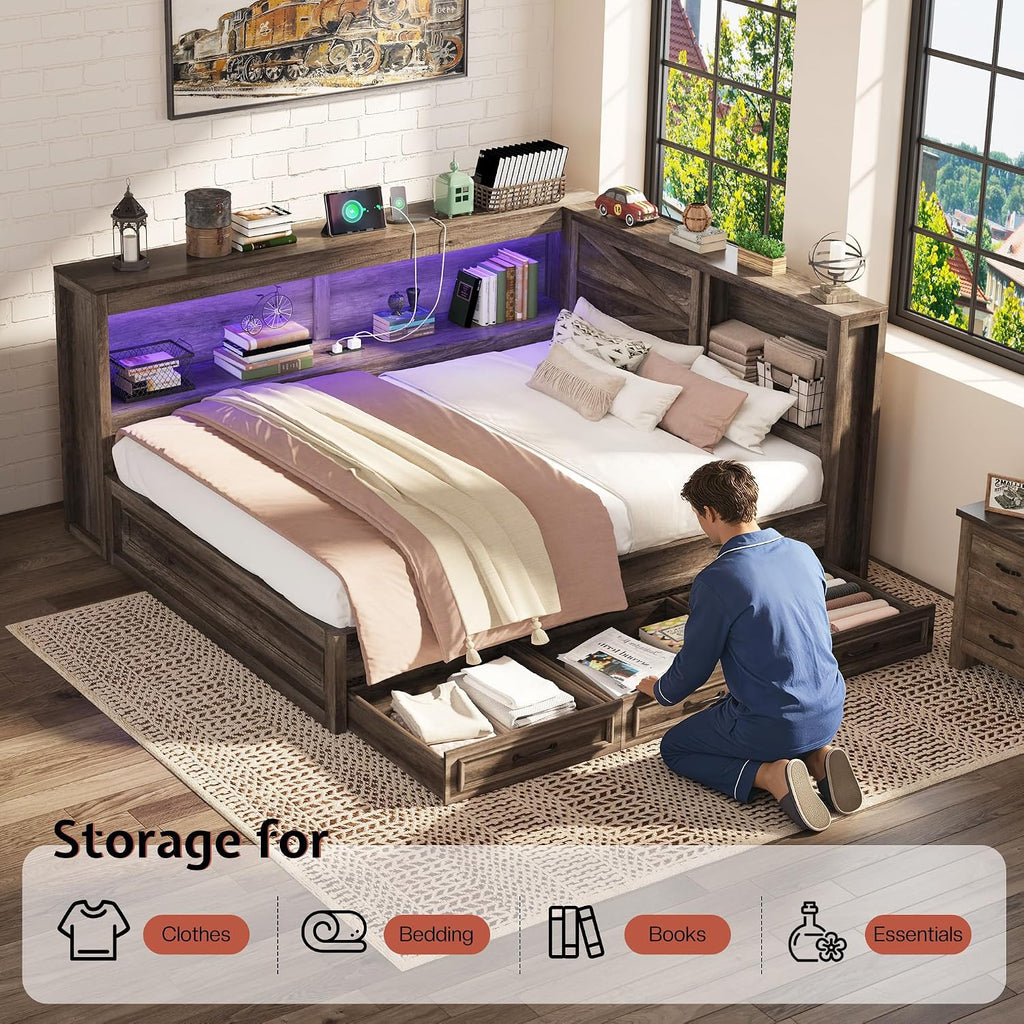 Jocisland Twin Corner Bed Frame with Storage Drawers and Bookcase Headboard, Charging Station and Led Lights, Farmhouse Wood Daybed for Kids Teens, No Box Spring Needed, Grey