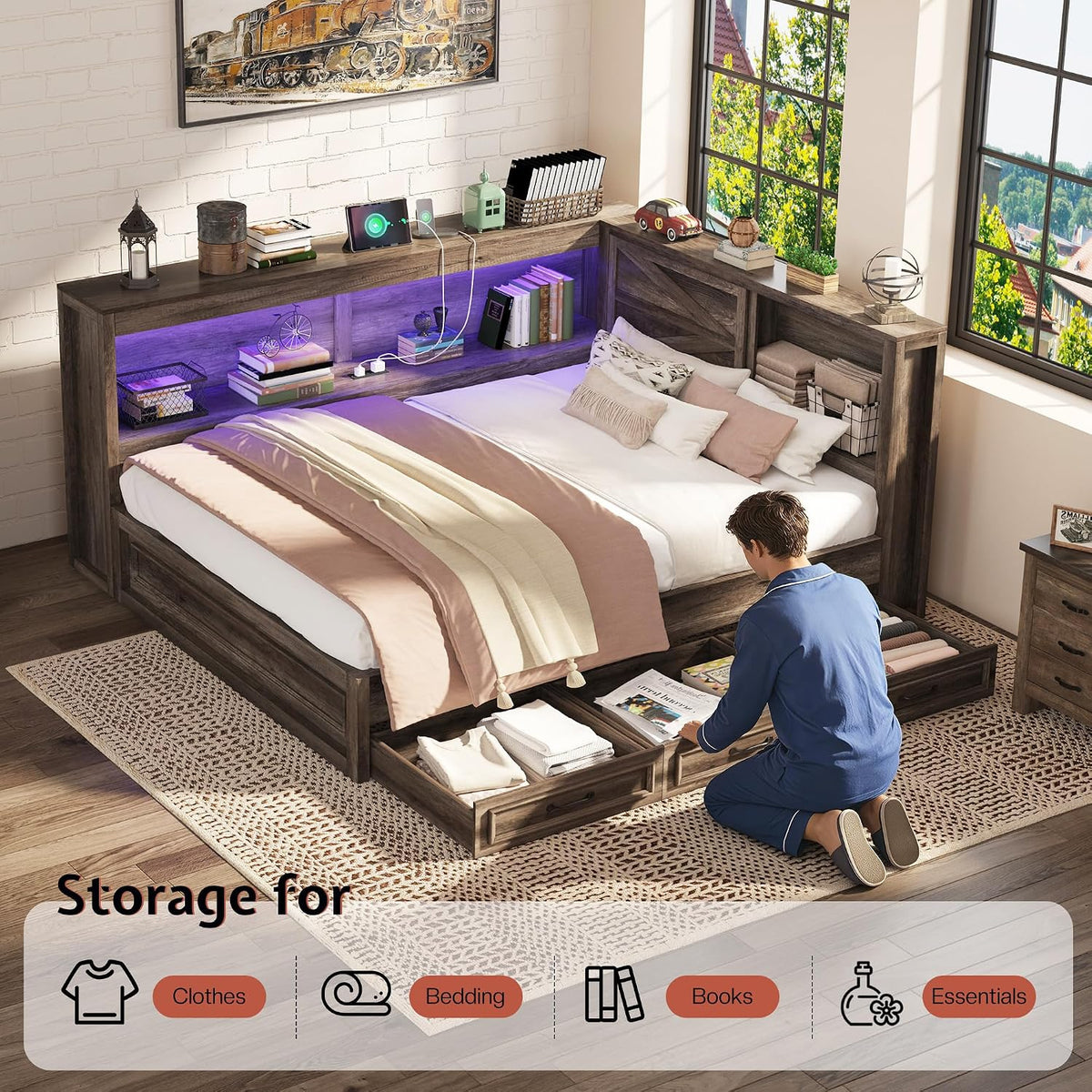 Jocisland Twin Corner Bed Frame with Storage Drawers and Bookcase Headboard, Charging Station and Led Lights, Farmhouse Wood Daybed for Kids Teens, No Box Spring Needed, Grey