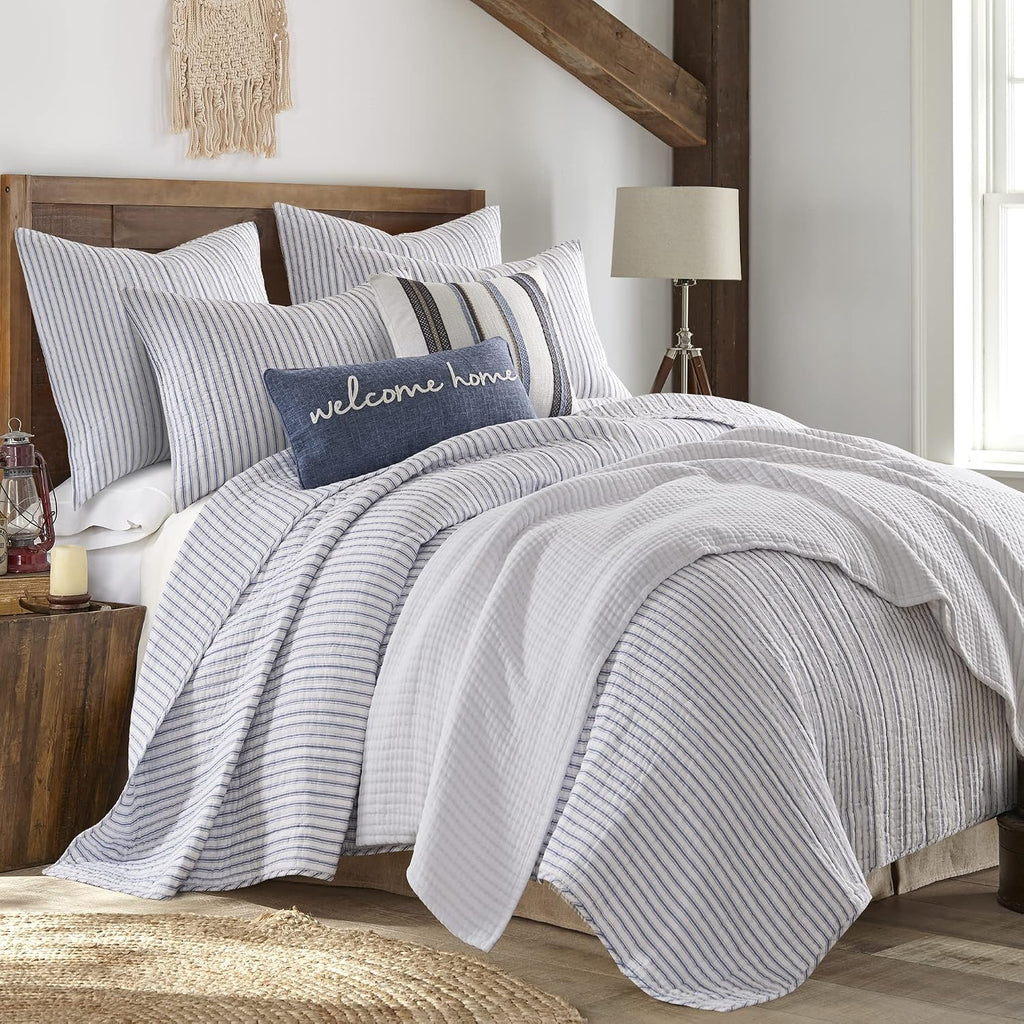 Levtex Home Tobago Stripe Blue Reversible King/Cal King Quilt Set (106x92in) and 2 Pillow Shams (36x20in) - Striped - Blue, White - Cotton King Size Quilt Bedding Set - Lightweight, Soft, Pre-Washed