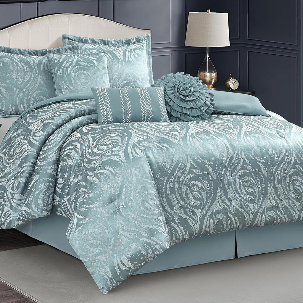 LANCO MODERN LIFESTYLE Blue 7 Piece Comforter Set, Queen, Elegant Floral Jacquard, Ultra Soft Bed Set for All Seasons, Bed in a Bag, Include Comforter, Bed Skirt, Pillow Shams & Decor Pillows