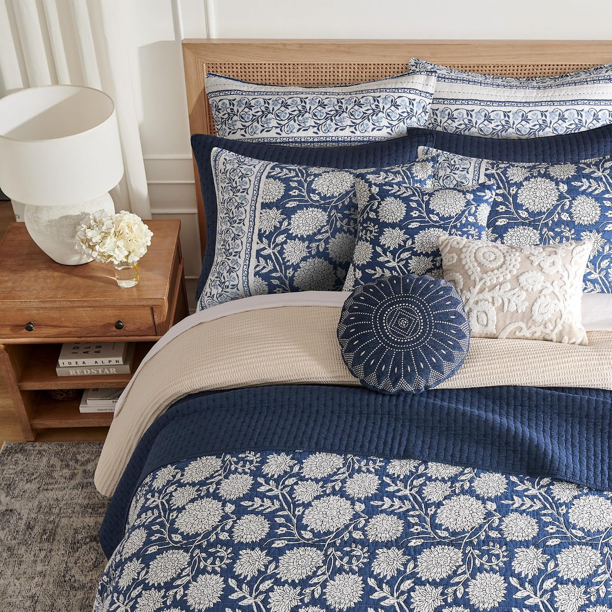 Levtex Home Adare Denim Reversible Full/Queen Quilt Set (88x92in) with 2 Pillow Shams (26x20in) - Floral Bedding - Blue White - Cotton Full/Queen Size Quilt Bedding Set - Lightweight, Soft, Pre-Washed