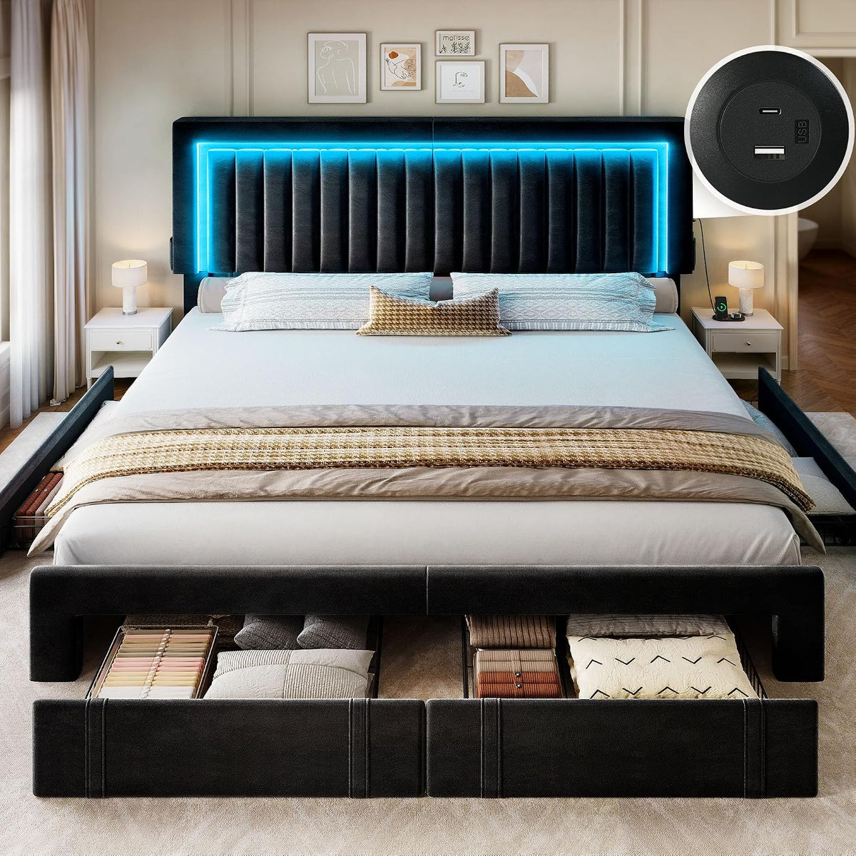YITAHOME King Size Bed Frame with Adjustable Headboard, 4 Storage Drawers and RGB LED Lights, Velvet Upholstered Platform Bed with USB Ports, No Box Spring Needed, Fast Assembly, Noise-Free, Black