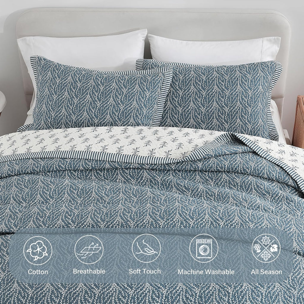 Finlonte Cotton Quilt King Size - 100% Cotton King Comforter Set, Botanical Chic Quilt Bedding Set, Lightweight Reversible Soft Quilted Bedspread for King Bed, Grayish-Blue/White, All Season, 3 Pieces