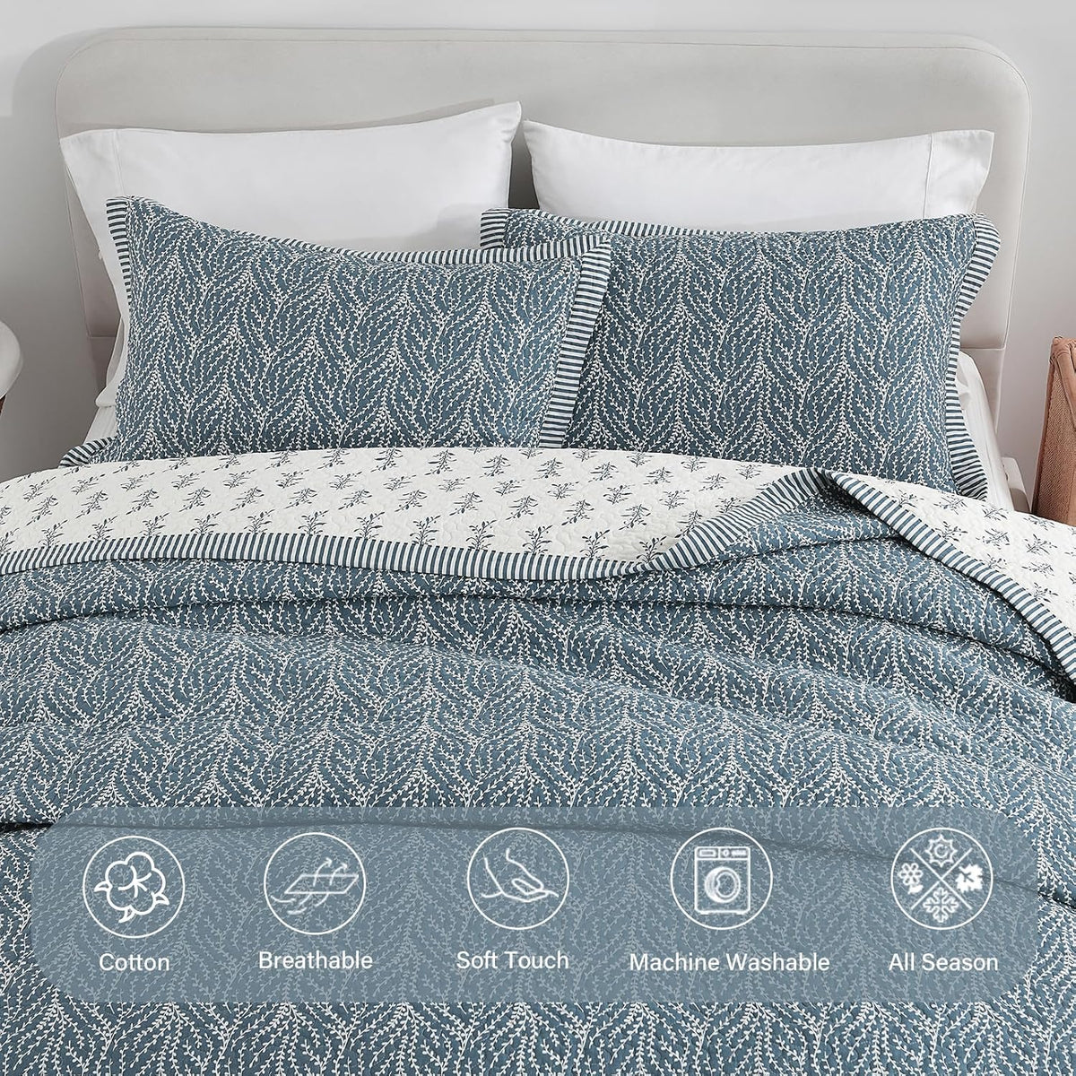 Finlonte Cotton Quilt King Size - 100% Cotton King Comforter Set, Botanical Chic Quilt Bedding Set, Lightweight Reversible Soft Quilted Bedspread for King Bed, Grayish-Blue/White, All Season, 3 Pieces