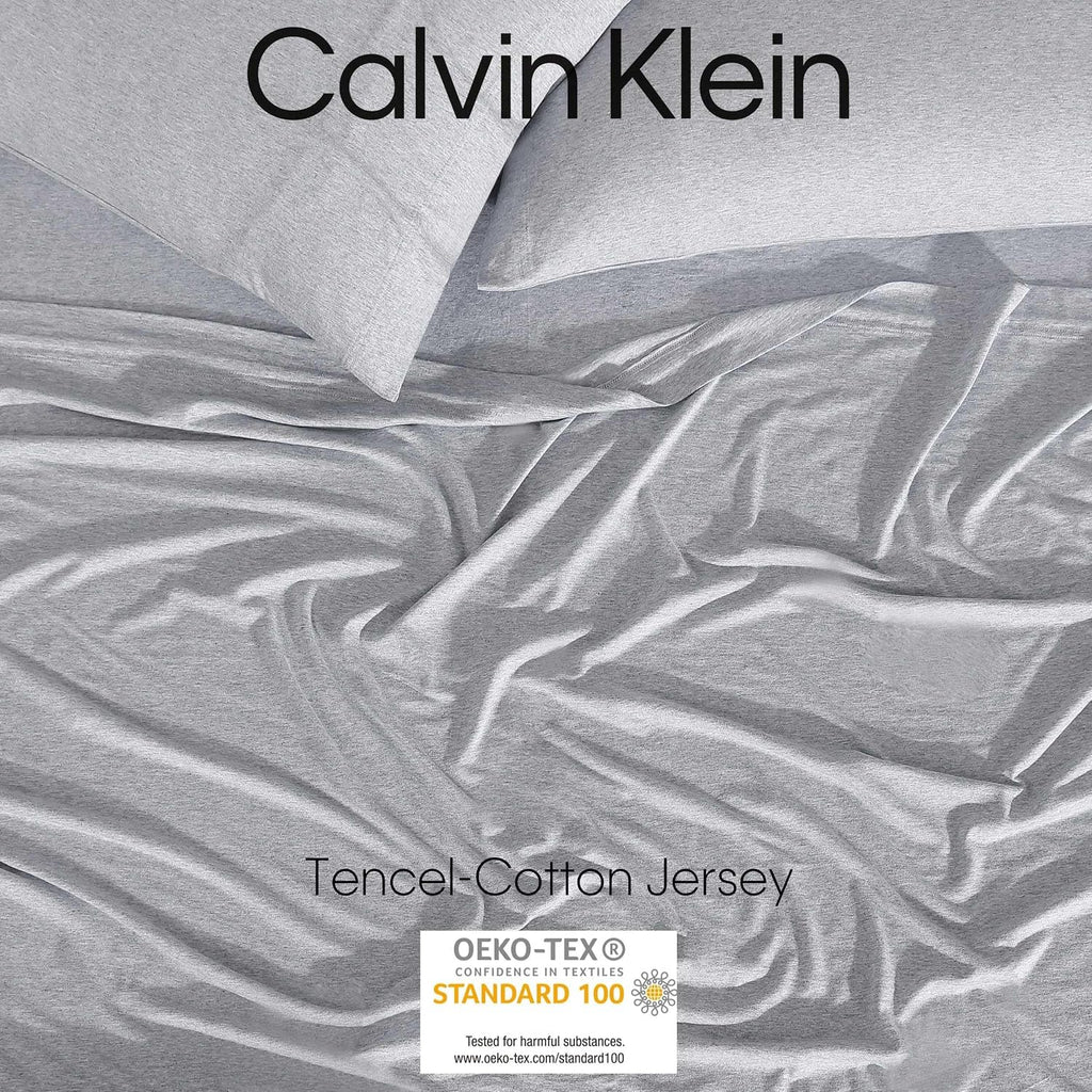 Calvin Klein - King Size Sheets Set, Naturally Soft Cotton-Blend Melange Jersey Bedding - Bed Sheets with Matching Pillowcases & Fitted Sheet (Modern Cotton Grey/Blue)