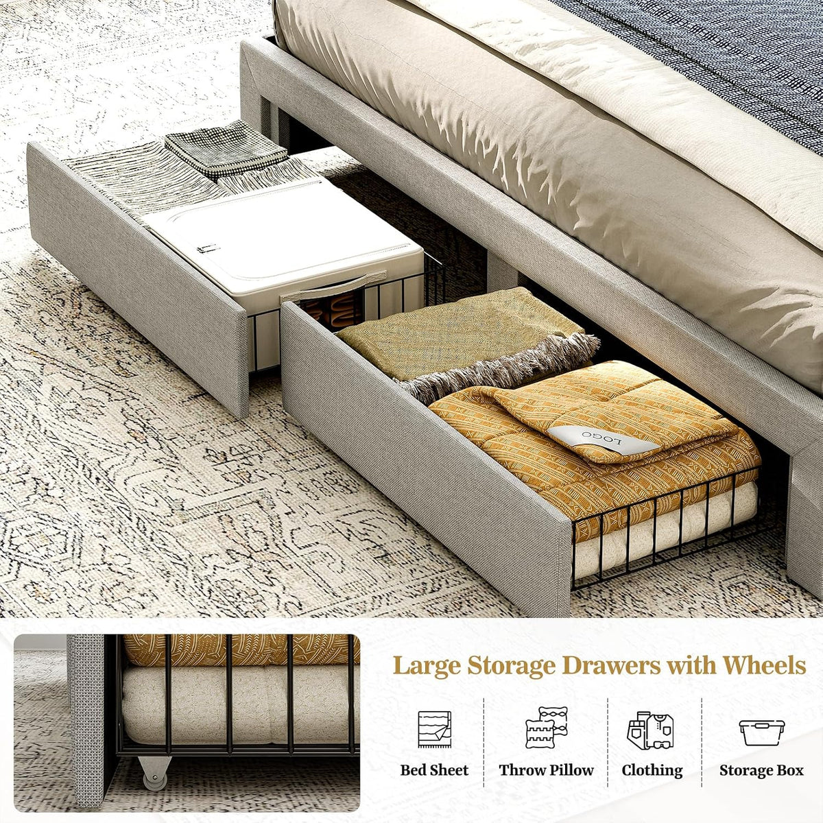 IKIFLY King Bed Frame with Hidden Storage Headboard, Upholstered King Size Storage Platform Bed with 4 Drawers & LED Lights, Type-C Charging Station, No Box Spring Needed, Noise Free, Light Grey