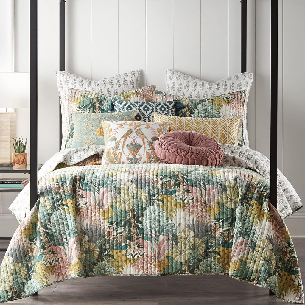 Levtex Home - Ashika Quilt Set - King Quilt and Two King Shams - Tropical - Green, Blush, Ochre, Grey and Cream - Quilt (106x92in.) and Shams (20x36in.) - Reversible - Cotton