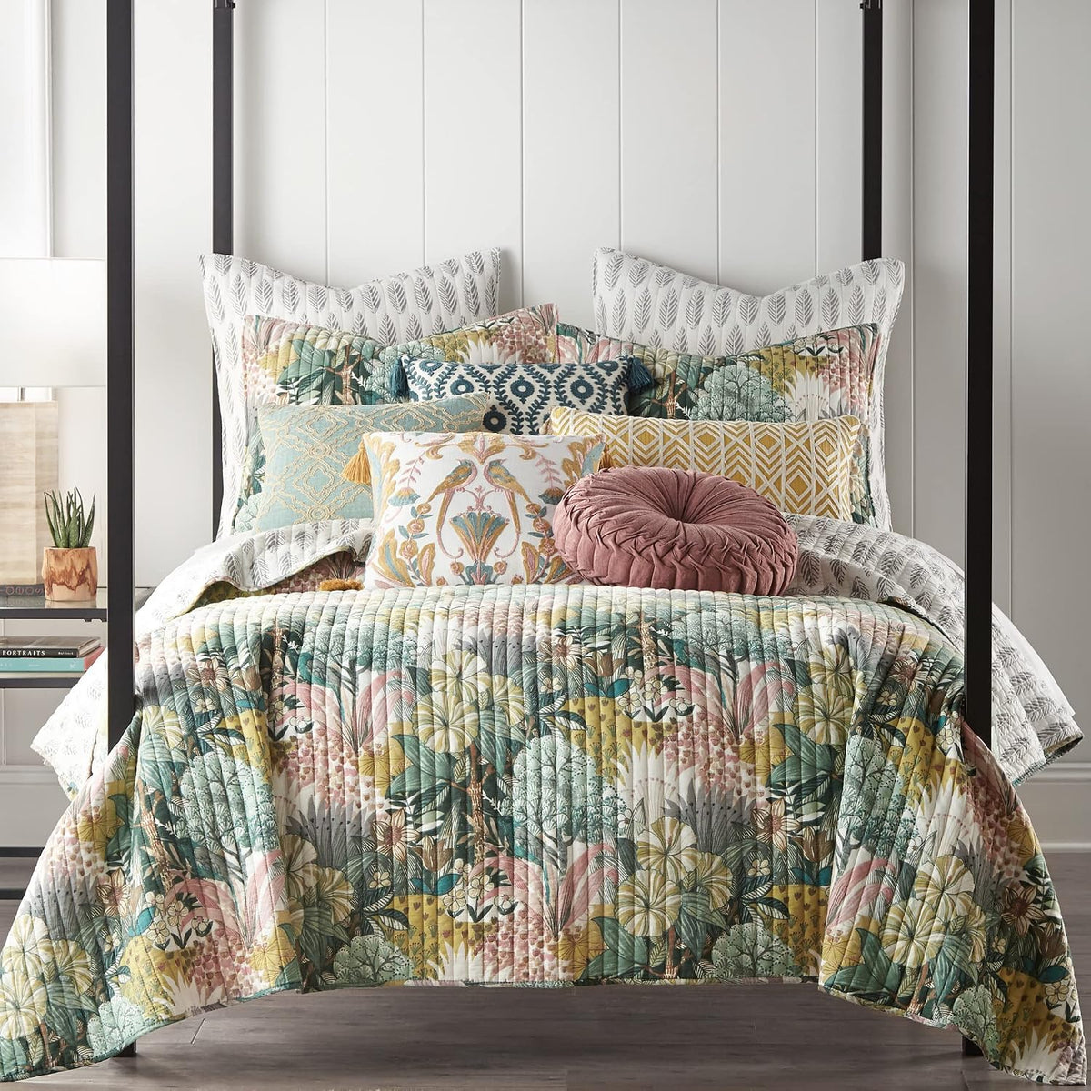 Levtex Home - Ashika Quilt Set - King Quilt and Two King Shams - Tropical - Green, Blush, Ochre, Grey and Cream - Quilt (106x92in.) and Shams (20x36in.) - Reversible - Cotton