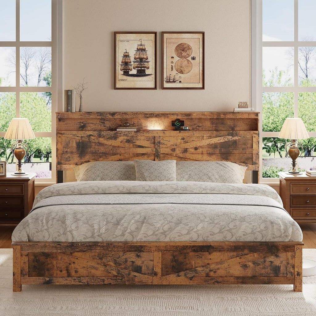 Farmhouse Wooden Bed Frame King Size with Storage Headboard, Boho Platform Bedframe with LED Lights and Charging Station, Metal Slats Support, No Box Spring Needed, Brown