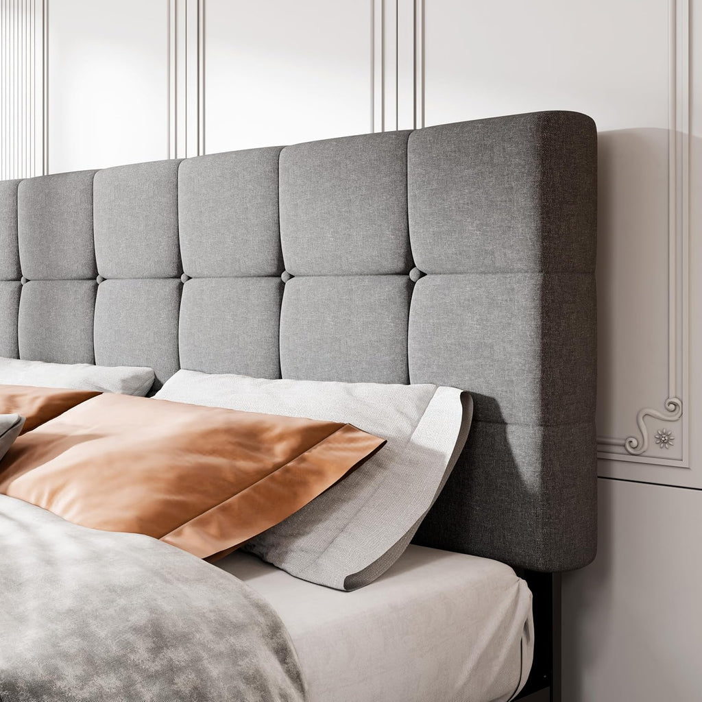 MUTICOR King Size Bed Frame with 4 Storage Drawers, Upholstered Platform Bed with Button Tufted Adjustable Headboard, No Box Spring Needed, Easy Assembly, Square Tufted, Light Grey Fabric