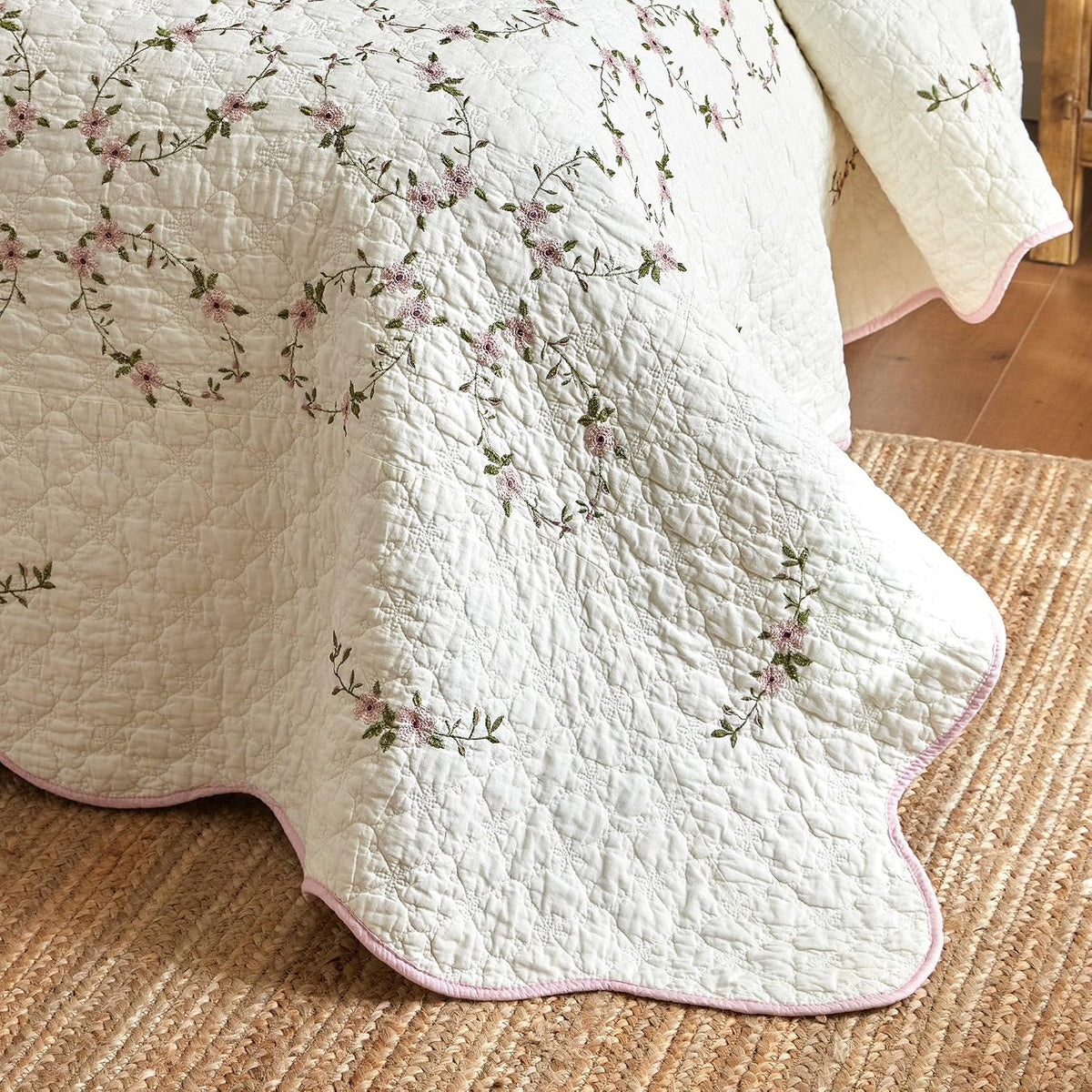 MarCielo 3Pcs Cotton French Country Floral Quilt Bedspread Set Cottagecore Style TC154