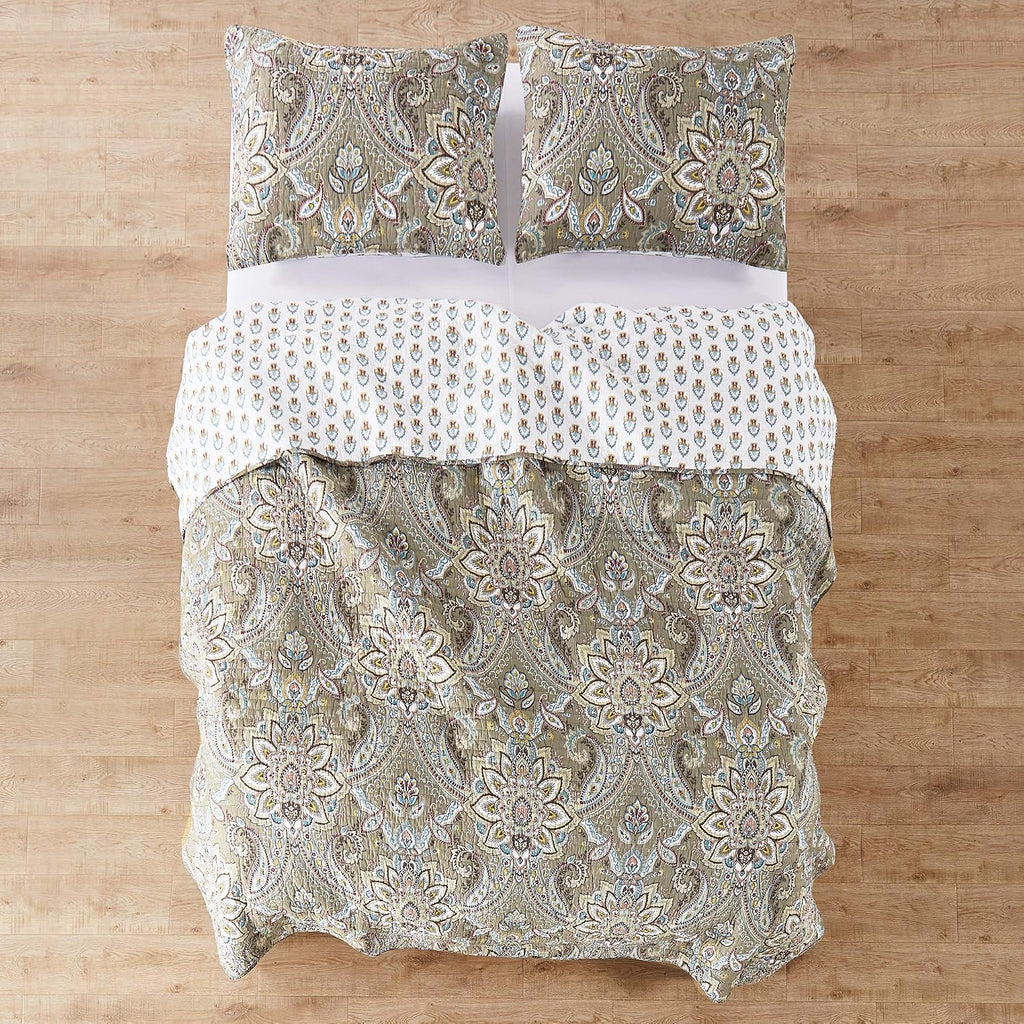 Levtex Home - Kassandra Quilt Set - King Quilt (106x92in.)+ Two King Pillow Shams (26x20in.)- Medallion - Taupe, Beige, Cream, Teal, Red and Green - Reversible - Cotton Fabric