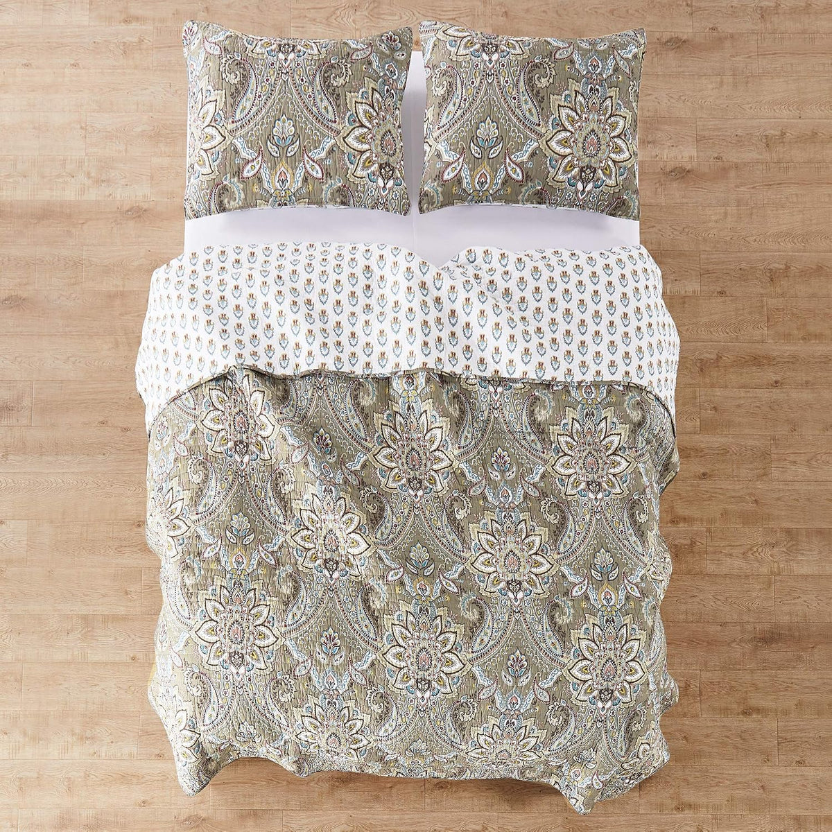 Levtex Home - Kassandra Quilt Set - King Quilt (106x92in.)+ Two King Pillow Shams (26x20in.)- Medallion - Taupe, Beige, Cream, Teal, Red and Green - Reversible - Cotton Fabric