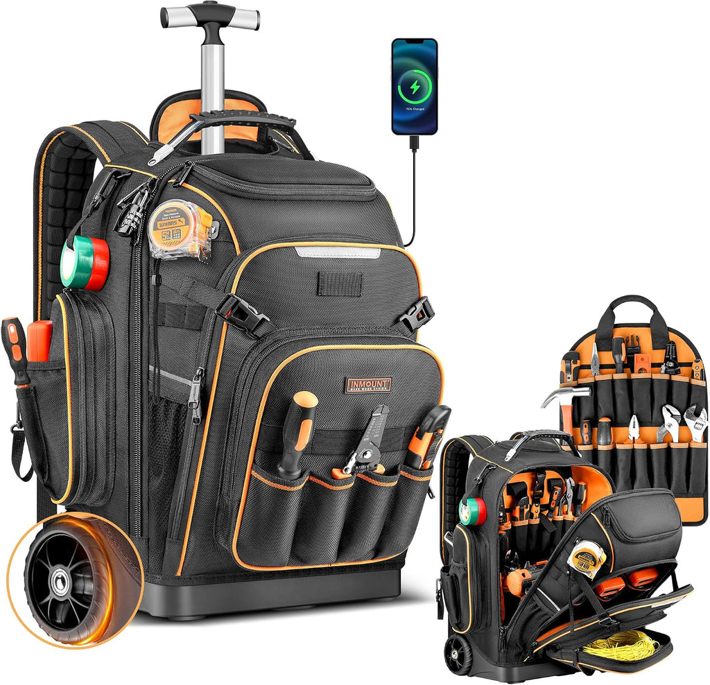 Rolling Tool Backpack Bag with Wheels, Heavy Duty Tool Bag on Wheels for Men, HVAC Electrician Plumber Large Tool Organizer with Molded Base, Combination Lock & USB Port for Construction Jobsite
