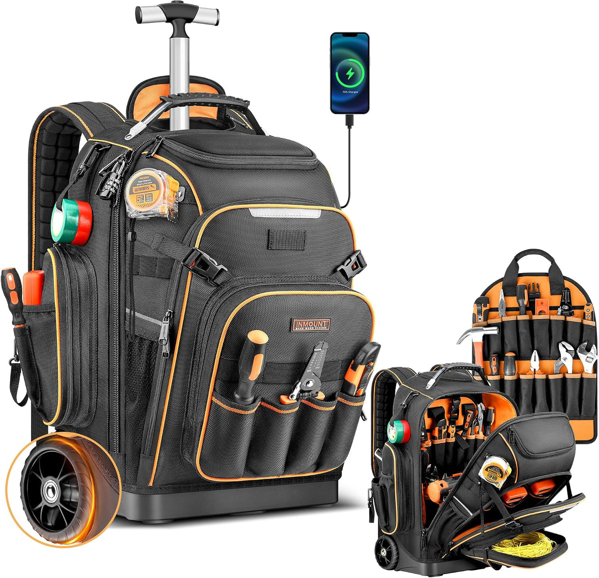 Rolling Tool Backpack Bag with Wheels, Heavy Duty Tool Bag on Wheels for Men, HVAC Electrician Plumber Large Tool Organizer with Molded Base, Combination Lock & USB Port for Construction Jobsite