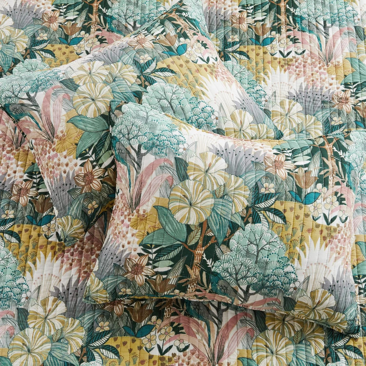 Levtex Home - Ashika Quilt Set - Full/Queen Quilt and Two Standard Shams - Tropical - Green, Blush, Ochre, Grey and Cream - Quilt (88x92in.) and Shams (20x26in.) - Reversible - Cotton