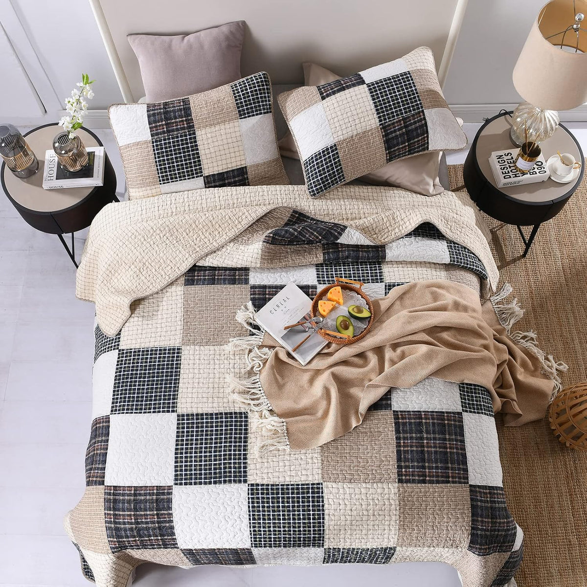 SahSahCasa Quilt Queen Size, Queen Quilt Set, 100% Cotton Queen Quilted Bedding Set Bedspread, Patchwork Farmhouse Quilts, Plaid Lightweight Rustic Comforter for Queen Bed, Beige, for All Season