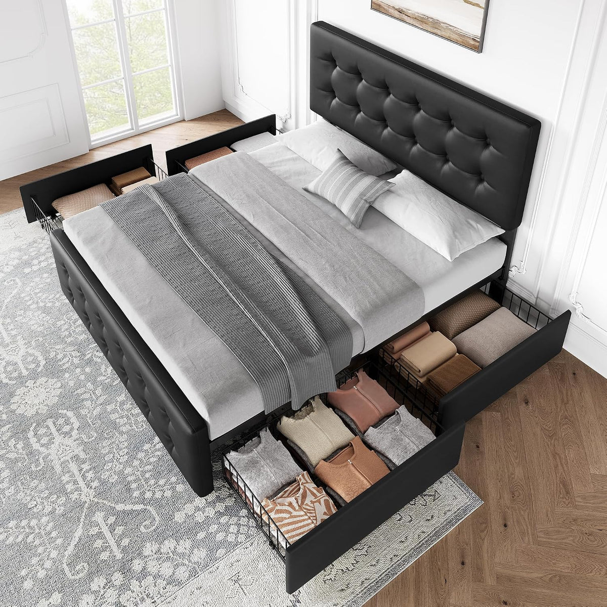 GarveeHome Full Size Bed Frame with 4 Storage Drawers and Headboard, Faux Leather Upholstered Platform Bed Frame with Wooden Slats Support, Button Tufted Design, No Box Spring Needed, Black
