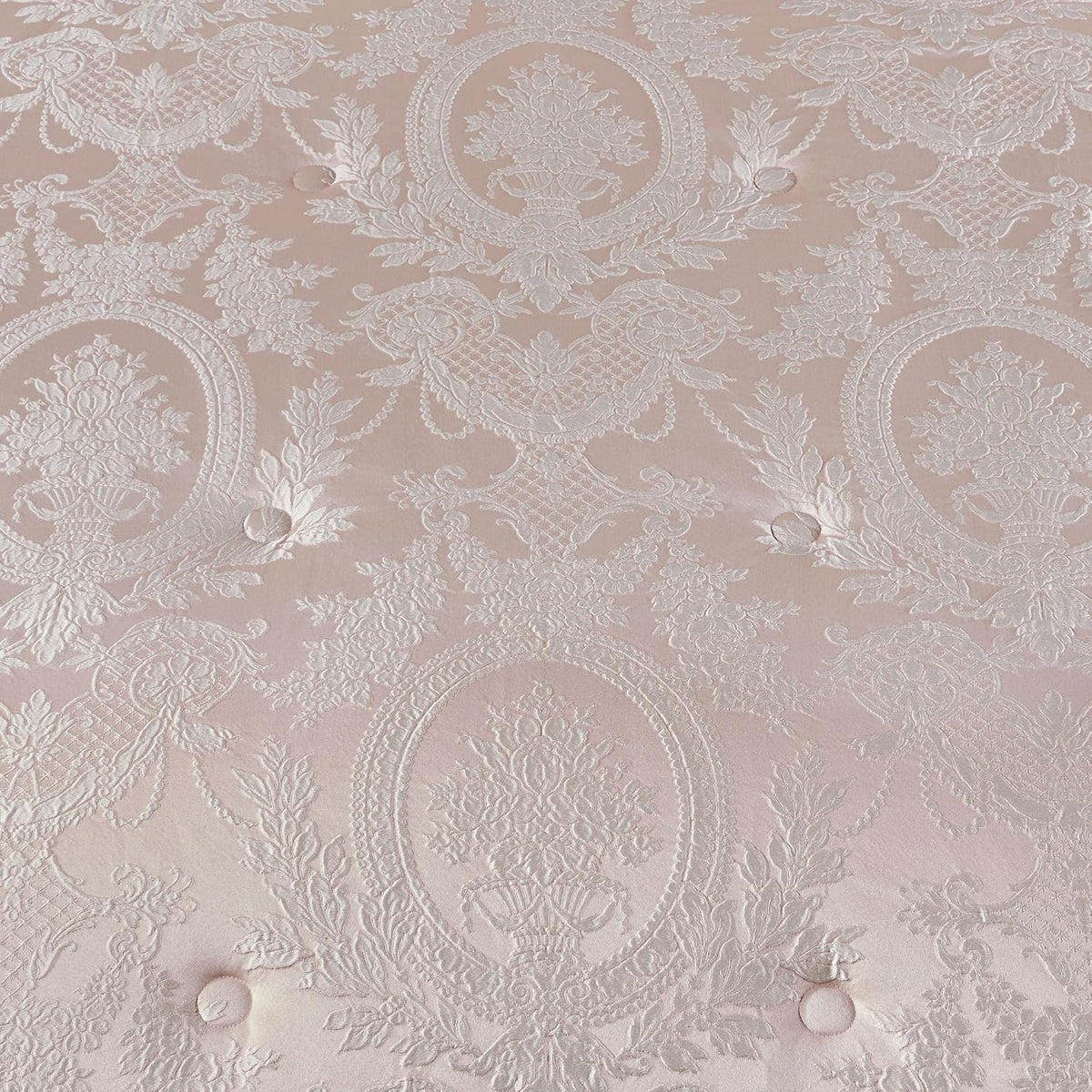 Marquessa Luxury Bedding | Soft Pearl and Pastel Blush Pink | Puff Jacquard-Woven | 11 Pc Bed Set: Cal King Comforter, Bedskirt, 2 King Shams, 2 Euro Shams, 2 Euro Pillow Inserts, and 3 Accent Pillows