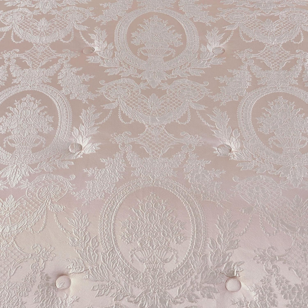 Marquessa Luxury Bedding | Soft Pearl and Pastel Blush Pink | Puff Jacquard-Woven Traditional Floral Bouquet and Swag Motifs | 4 Piece Set includes Oversized King Comforter, Bedskirt, and 2 King Shams