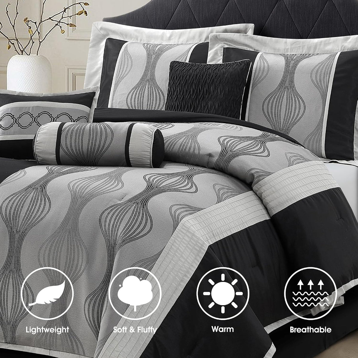 LANCO MODERN LIFESTYLE King Comforter Set, Black Silver, 15 Pieces Room in a Bag, Ultra Soft Jacquard with Patchwork, Luxury Bed Set with Sheets, Curtains, Bed Skirt, Pillow Shams, Cases and Pillows