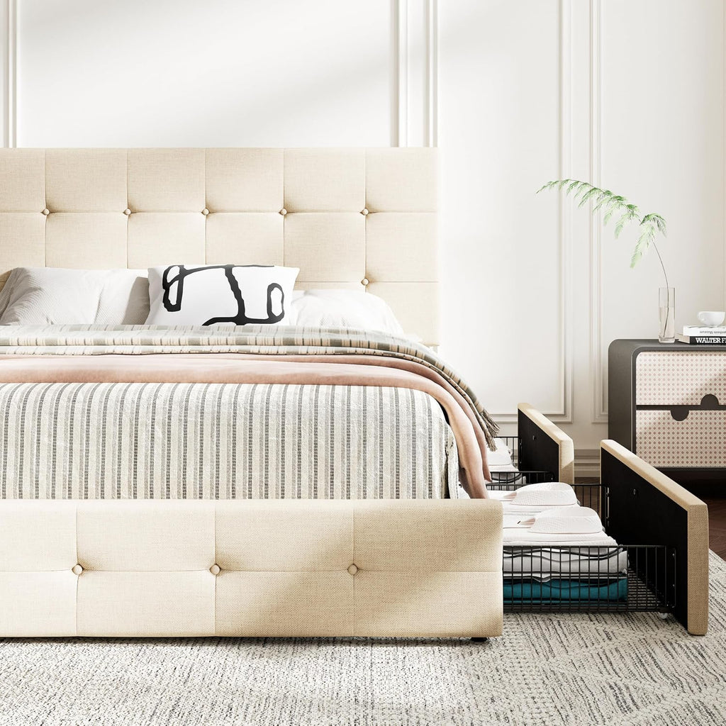 MUTICOR King Size Bed Frame with 4 Storage Drawers, Upholstered Platform Bed with Button Tufted Adjustable Headboard, No Box Spring Needed, Easy Assembly, Square Tufted, Beige Fabric
