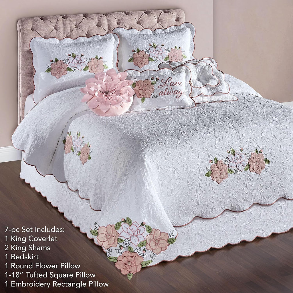 Lovington Floral Luxury Matelasse Bedding | Rose Pink and White Velvet Flower Appliques | 7-Pc Textured Scroll Lightweight Bed Set: Oversized King Coverlet, Bedskirt, 2 King Shams, & 3 Accent Pillows