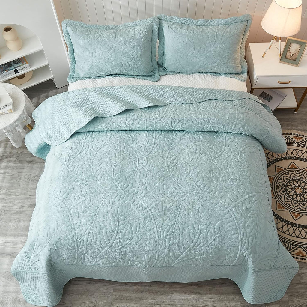 MarCielo 3-Piece 100% Cotton Oversized Bedspread Lightweight Quilt Coverlet Embroidery Farmhouse Bedding Set T0 (Aruba Blue, Oversized Queen (100'x106'))