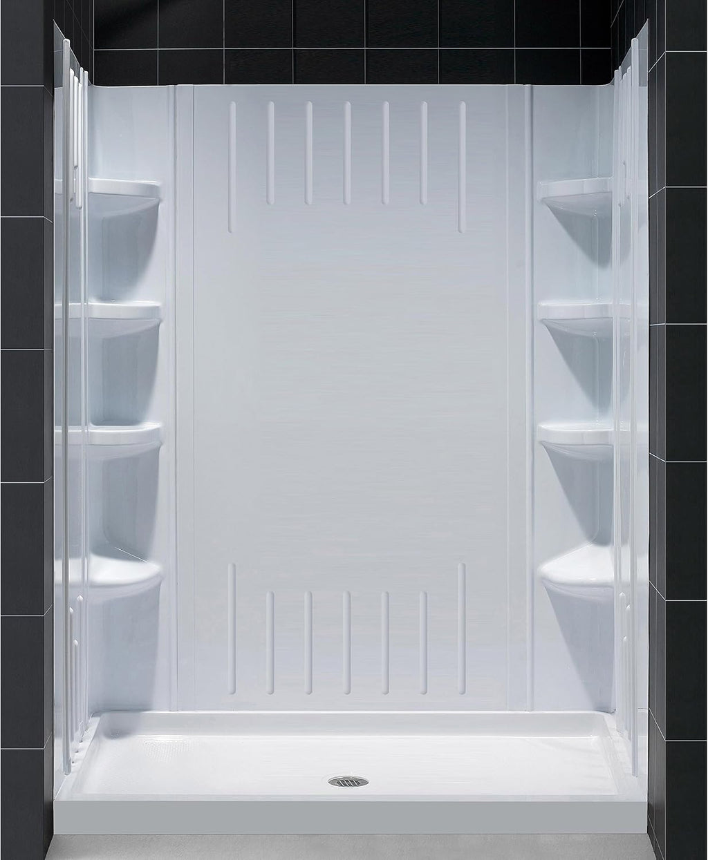 DreamLine 34 in. D x 60 in. W x 75 5/8 in. H Center Drain Acrylic Shower Base and QWALL-3 Backwall Kit In White, DL-6147C-01