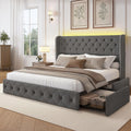 LARMACE King Size Bed Frame with LED Lights and 4 Storage Drawers Linen Upholstered Platform Bed Frame with 47.2' Tall Tufted Headboard Wingback, No Box Spring Needed, Easy to Assemble, Grey