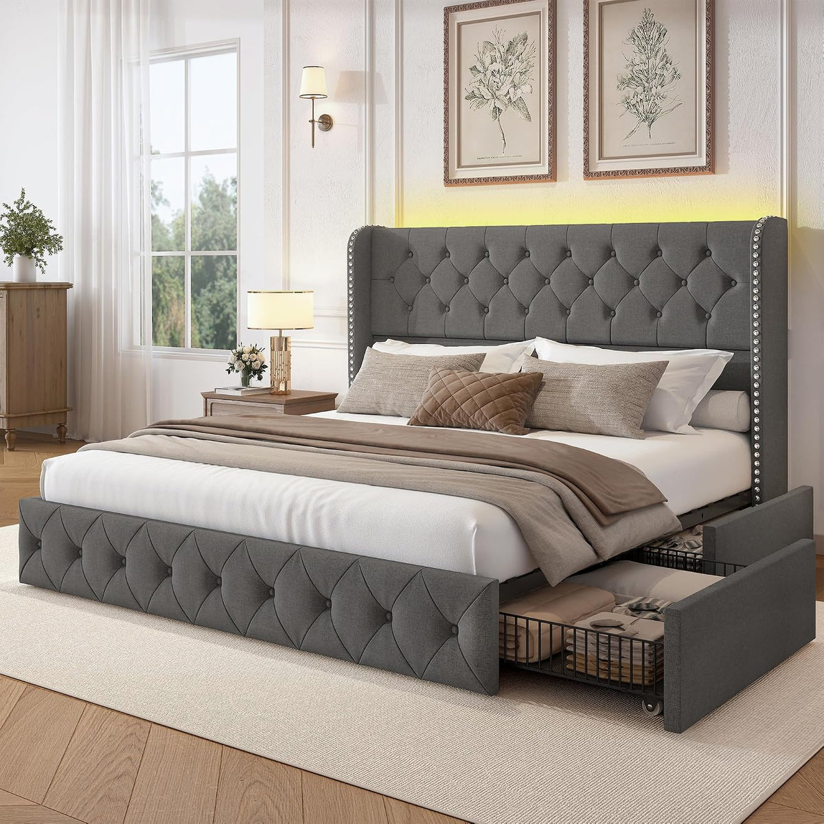LARMACE King Size Bed Frame with LED Lights and 4 Storage Drawers Linen Upholstered Platform Bed Frame with 47.2' Tall Tufted Headboard Wingback, No Box Spring Needed, Easy to Assemble, Grey