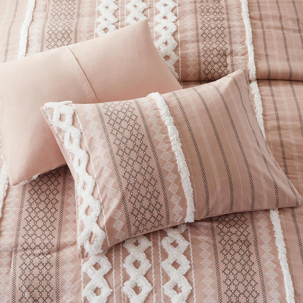 INK+IVY Comforter for Queen Size Bed, Chenille Tufted, Breathable Cotton Comforter Set Queen, All Season Modern Boho Comforter with Farmhouse Bedding Flare, 2 Matching Shams, Queen Blush 3 Piece