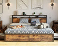 LIKIMIO King Size Bed Frame with 4 Storage Drawers, 2-Tier Storage Headboard with Charging Station, Double Bed Frame King Size for Bedroom, No Box Spring Needed, Easy Assembly, Vintage Brown