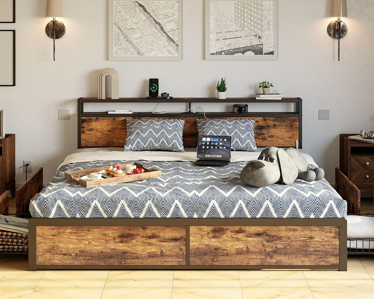 LIKIMIO King Size Bed Frame with 4 Storage Drawers, 2-Tier Storage Headboard with Charging Station, Double Bed Frame King Size for Bedroom, No Box Spring Needed, Easy Assembly, Vintage Brown
