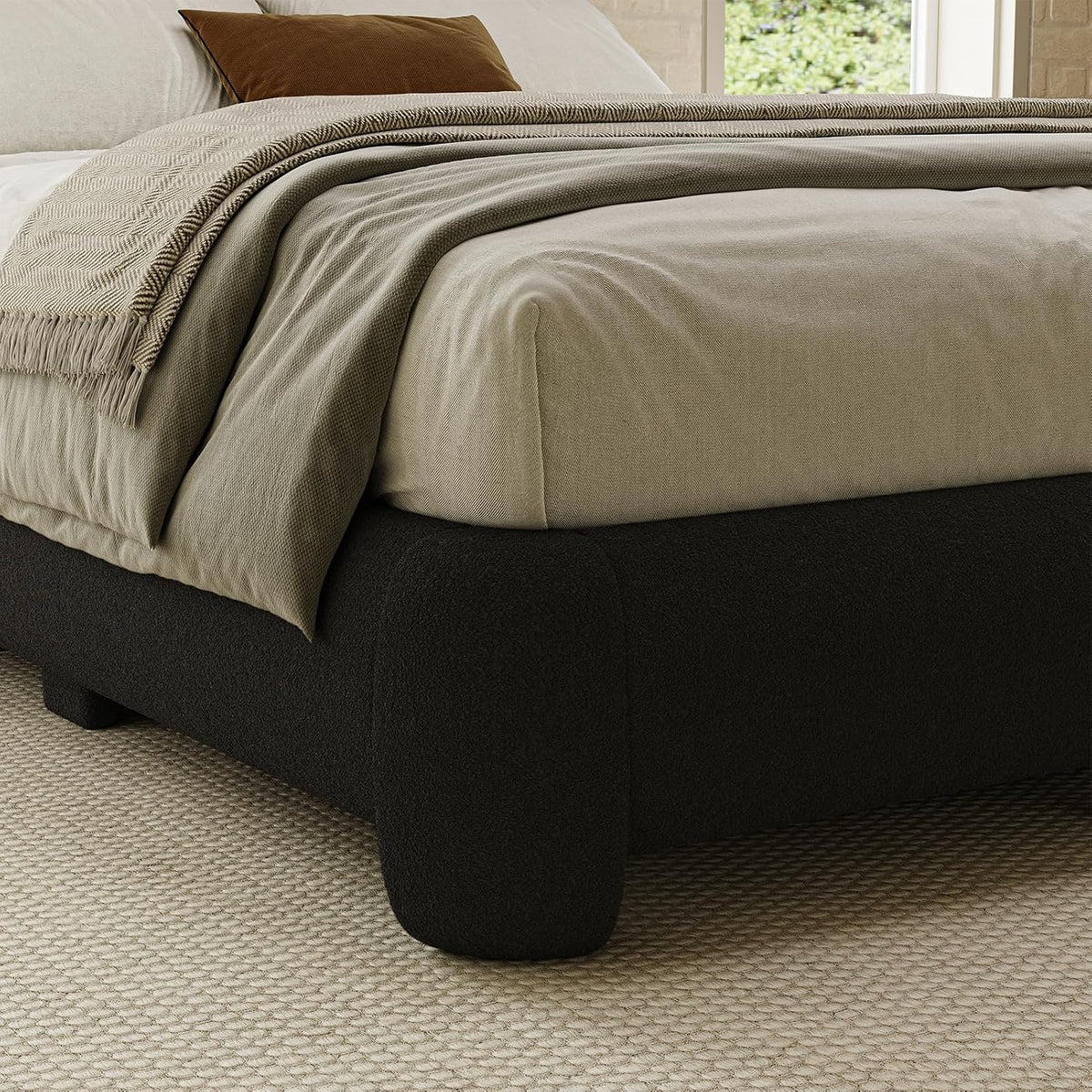 Cloud Platform Bed Frame Queen Size, Soft Boucle Bed Frame with Round Corner, Upholstered Queen Bed Frame with Heavy Duty Wood Slat, No Box Spring Needed, Easy Assembly, Black