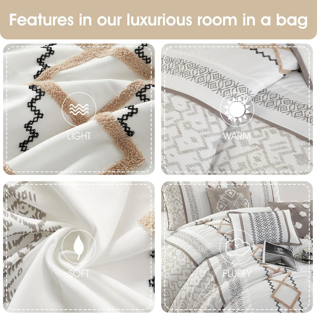 Grand Avenue Taupe Comforter Set Queen Size, 15 Piece Terry Embroidery All Season Room-in-A-Bag, Matching Curtains, Sheet Set, Pillows & Shams