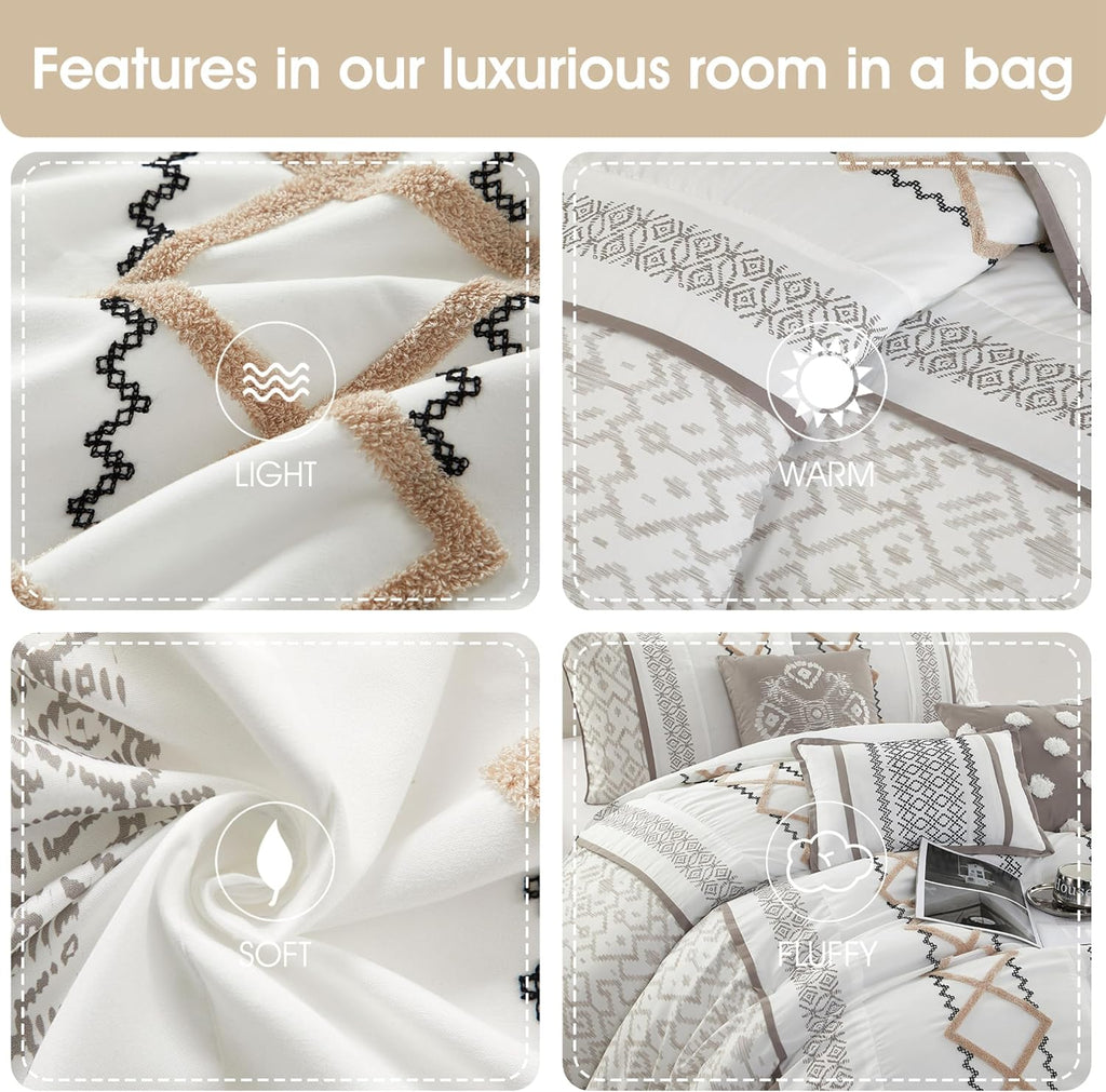 Grand Avenue Taupe Comforter Set King Size, 15 Piece Terry Embroidery All Season Room-in-A-Bag, Matching Curtains, Sheet Set, Pillows & Shams
