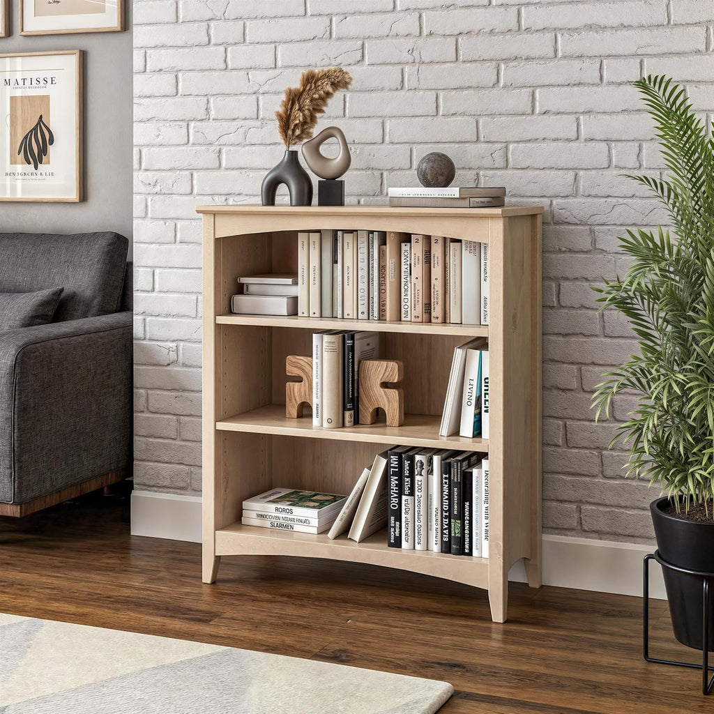 Camaflexi Shaker Style 3 Shelf Bookcase/Solid Wood / 36' High/Adjustable Shelving/Closed Back/Display Bookshelf for Living Room, Bedroom, Home and Office, Light Oak