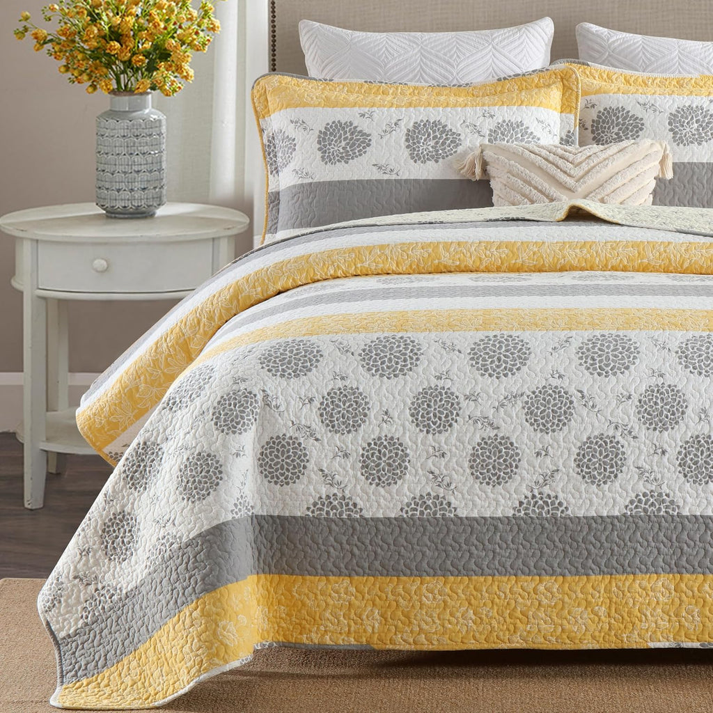 Homzard Quilt Queen Size-Comforter Queen Bedding Set,Yellow Gray White All Cotton Quilted Bedspread, Striped Floral Pattern Quilt Set,Lightweight Paisley 3 Piece,All Seasons