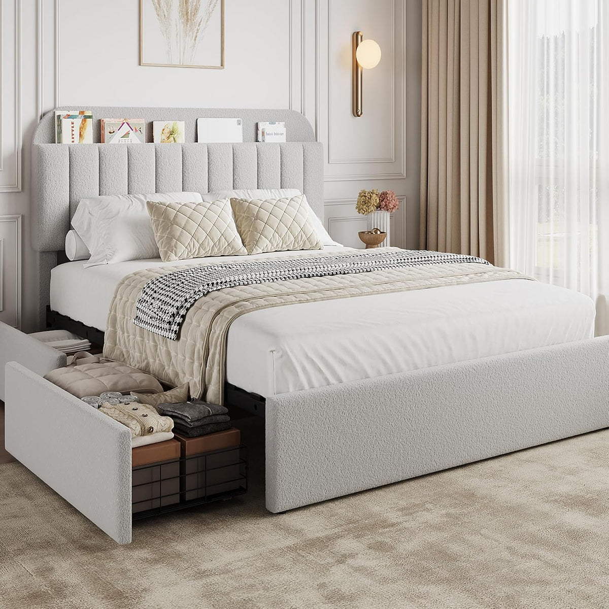 GarveeHome Queen Bed Frame with Storage Headboard, Girls Bed Frame with 2 Drawers, Boucle Upholstered Platform Bed with Bookcase, No Box Spring Needed, Easy Assembly, Grey