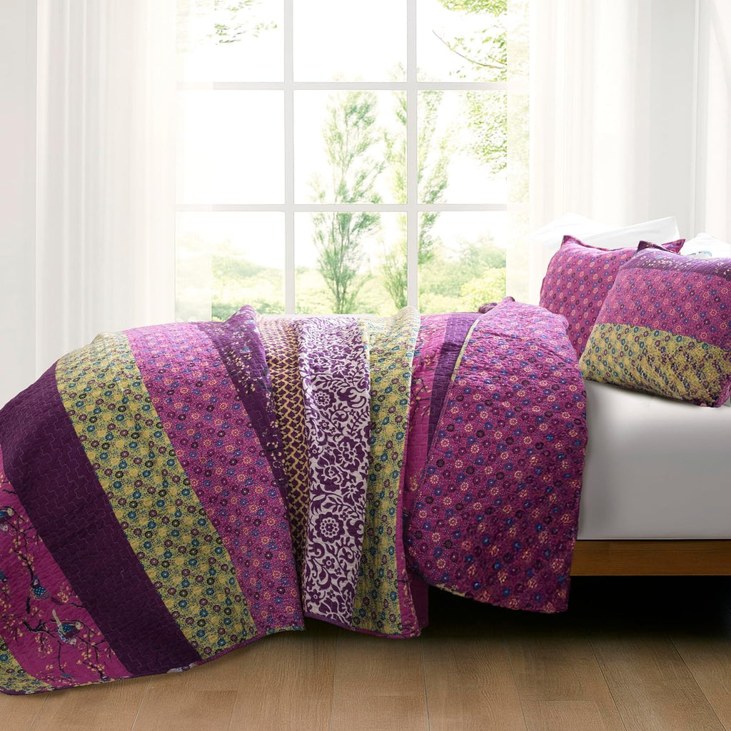 Lush Decor Bohemian Bloom Reversible Cotton Quilt Set, 3 Piece Set King, Plum - Striped Bedding Set - Floral Quilt King Size - Purple Bedding - Boho Decor